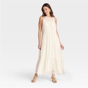 a new day Cream Sheer Chiffon Maxi Dress with Smocked Bodice NWT L